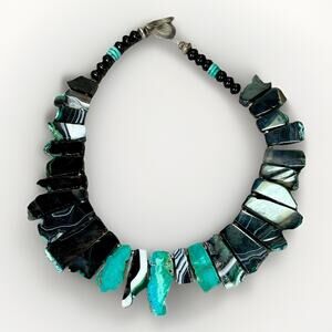 VTG Sterling Silver Agate Turquoise Opalized Wood Statement Necklace 18”- 191.9g